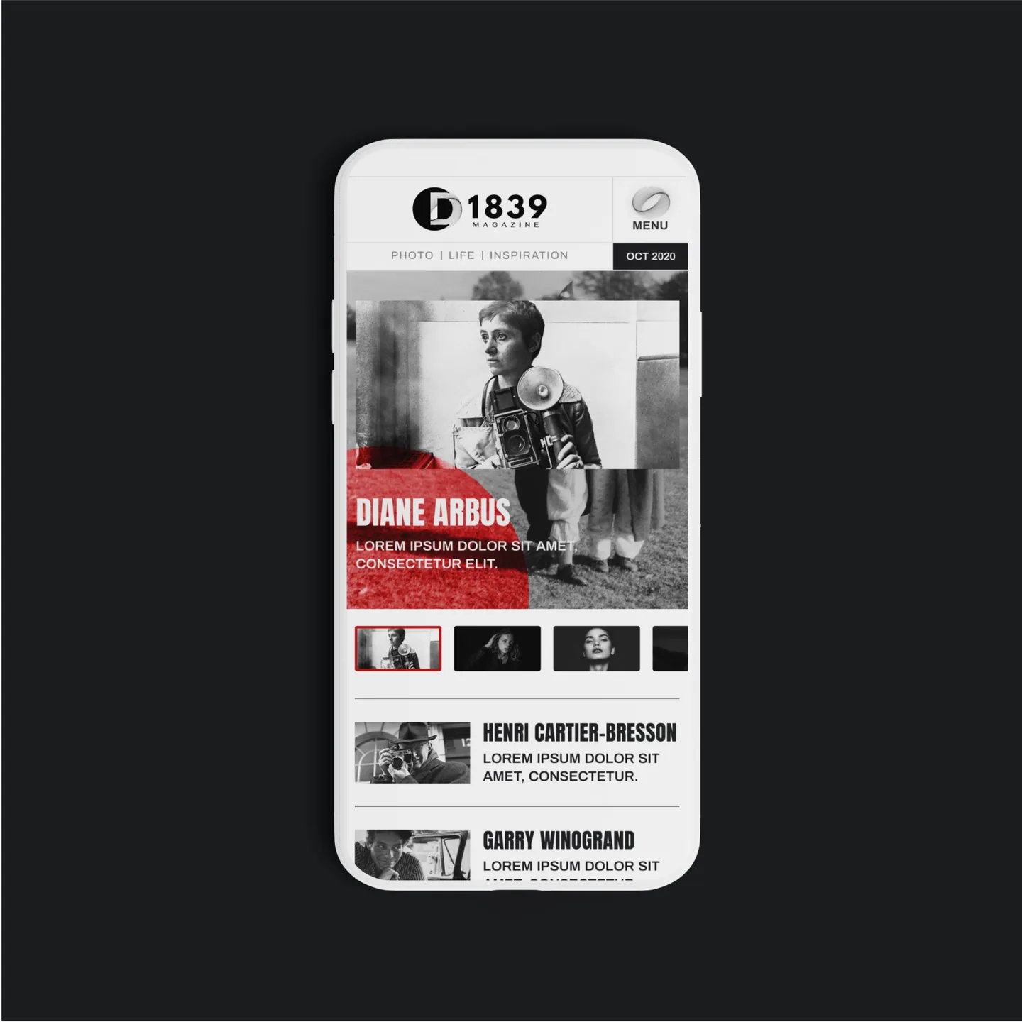 D1839 mobile page on a single phone: the Diane Arbus feature, photo thumbnails and a list of photographers