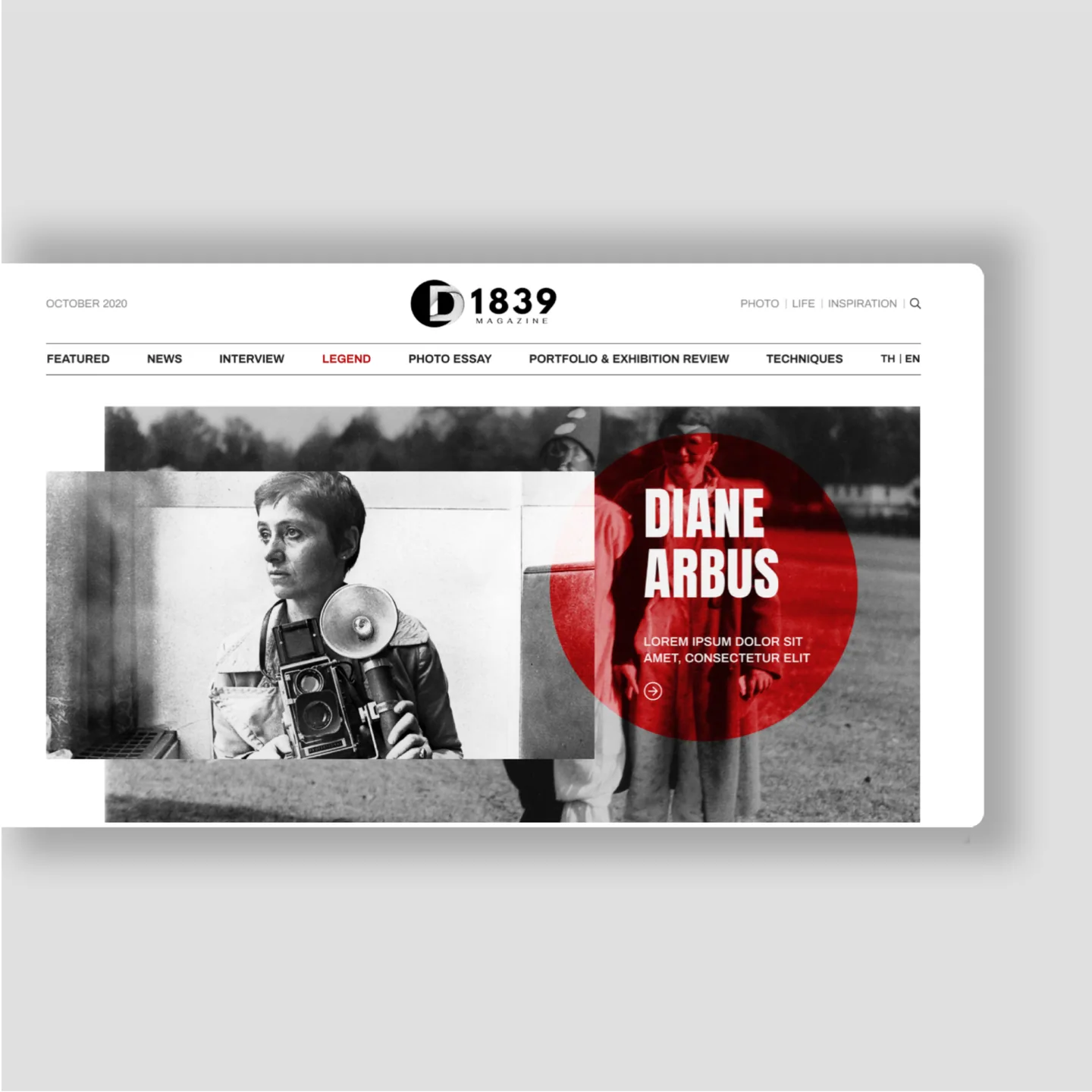 D1839 Legend page on desktop: a black-and-white Diane Arbus banner with a red circle, under the full menu