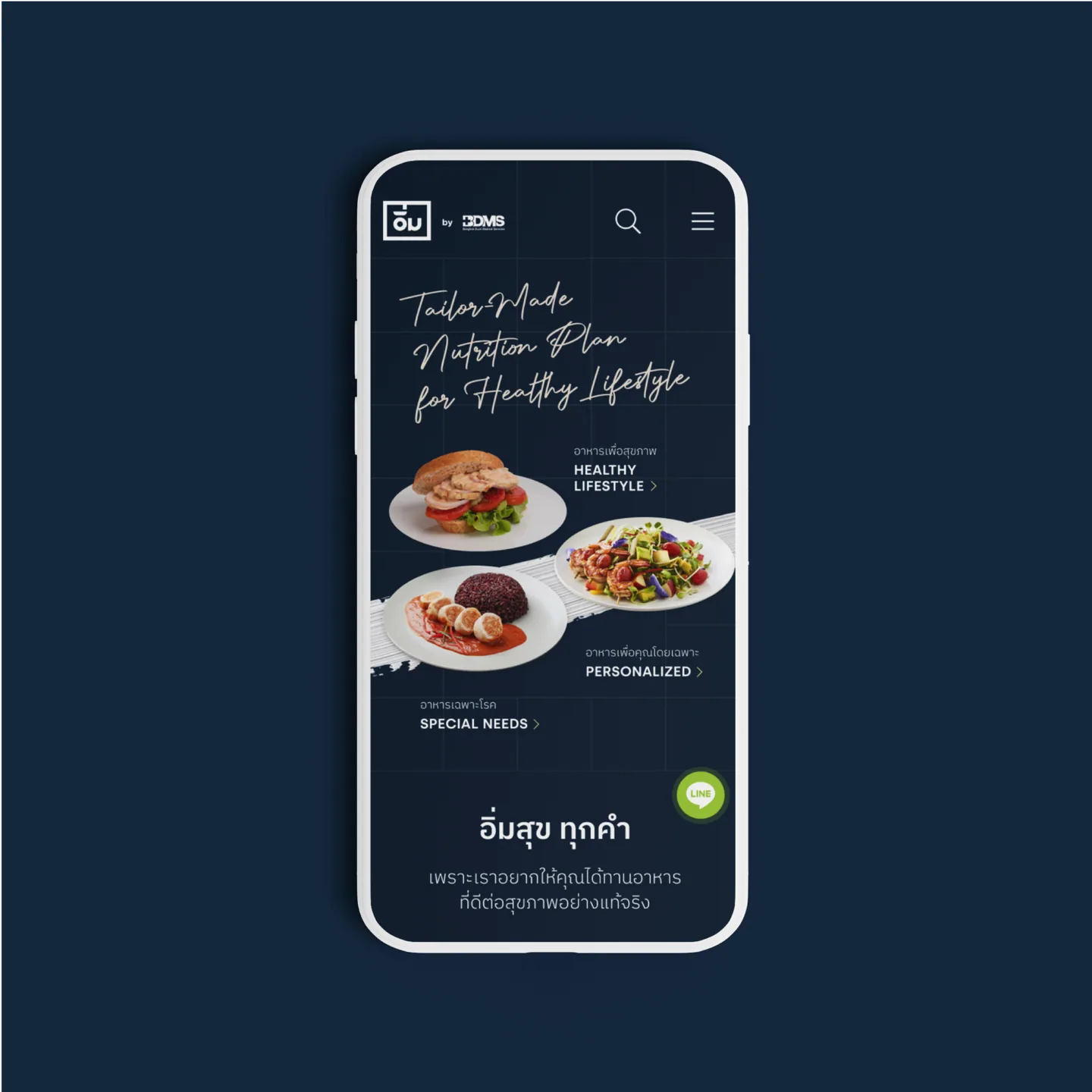 Imm mobile home page on a single phone: Tailor-Made Nutrition Plan above three plated meals