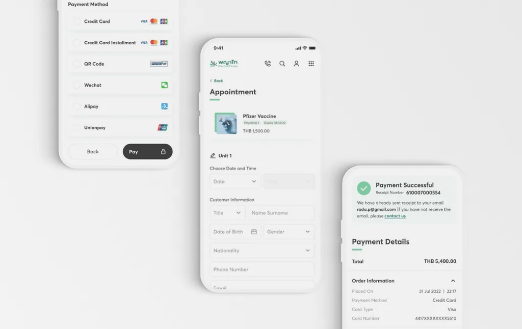 Phyathai appointment form, payment method picker and payment confirmation