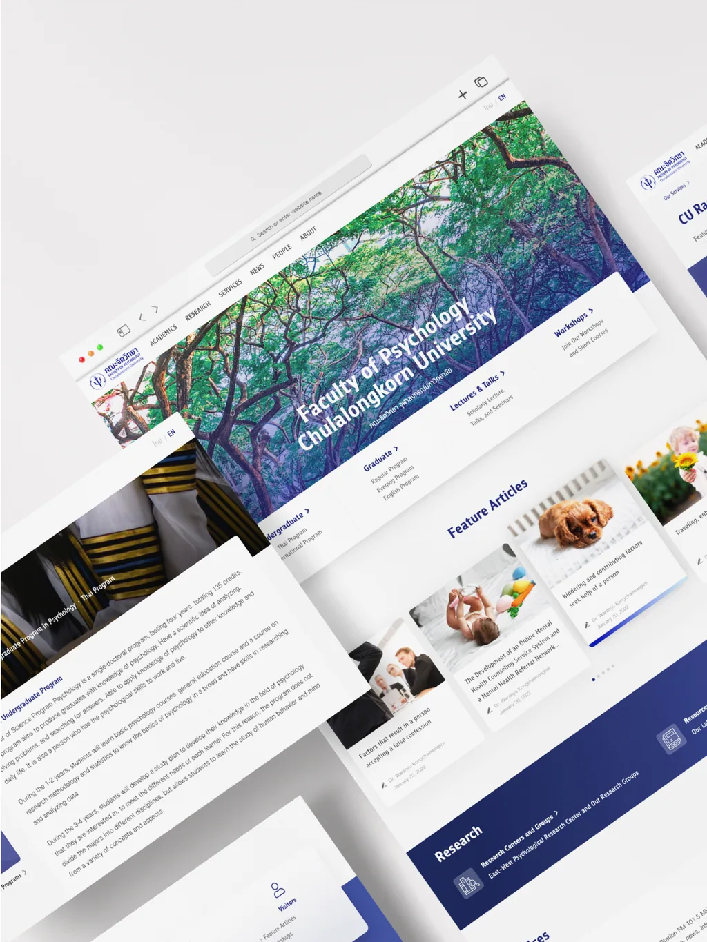 Faculty of Psychology, Chulalongkorn University, English home page on desktop: a tree-canopy banner and Feature Articles