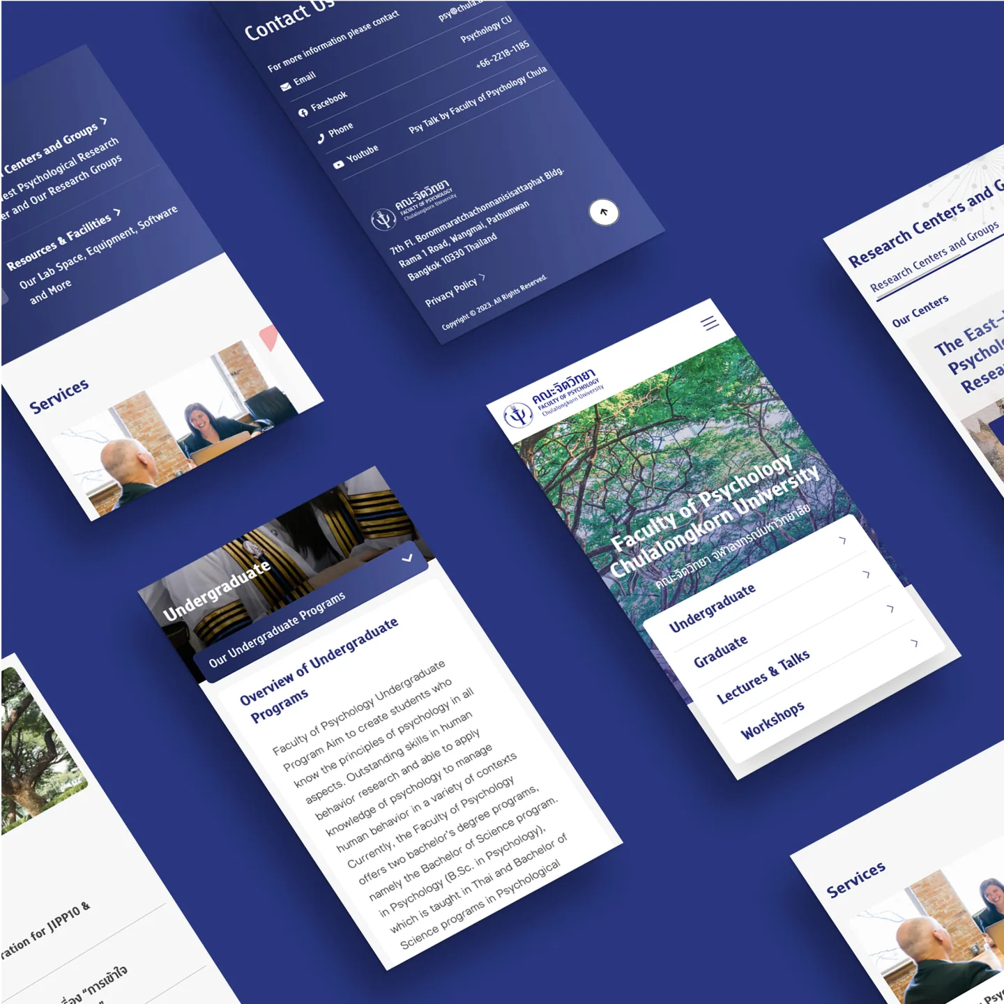 Faculty of Psychology phone screens in English: the home page, an Undergraduate Programs overview and Contact Us