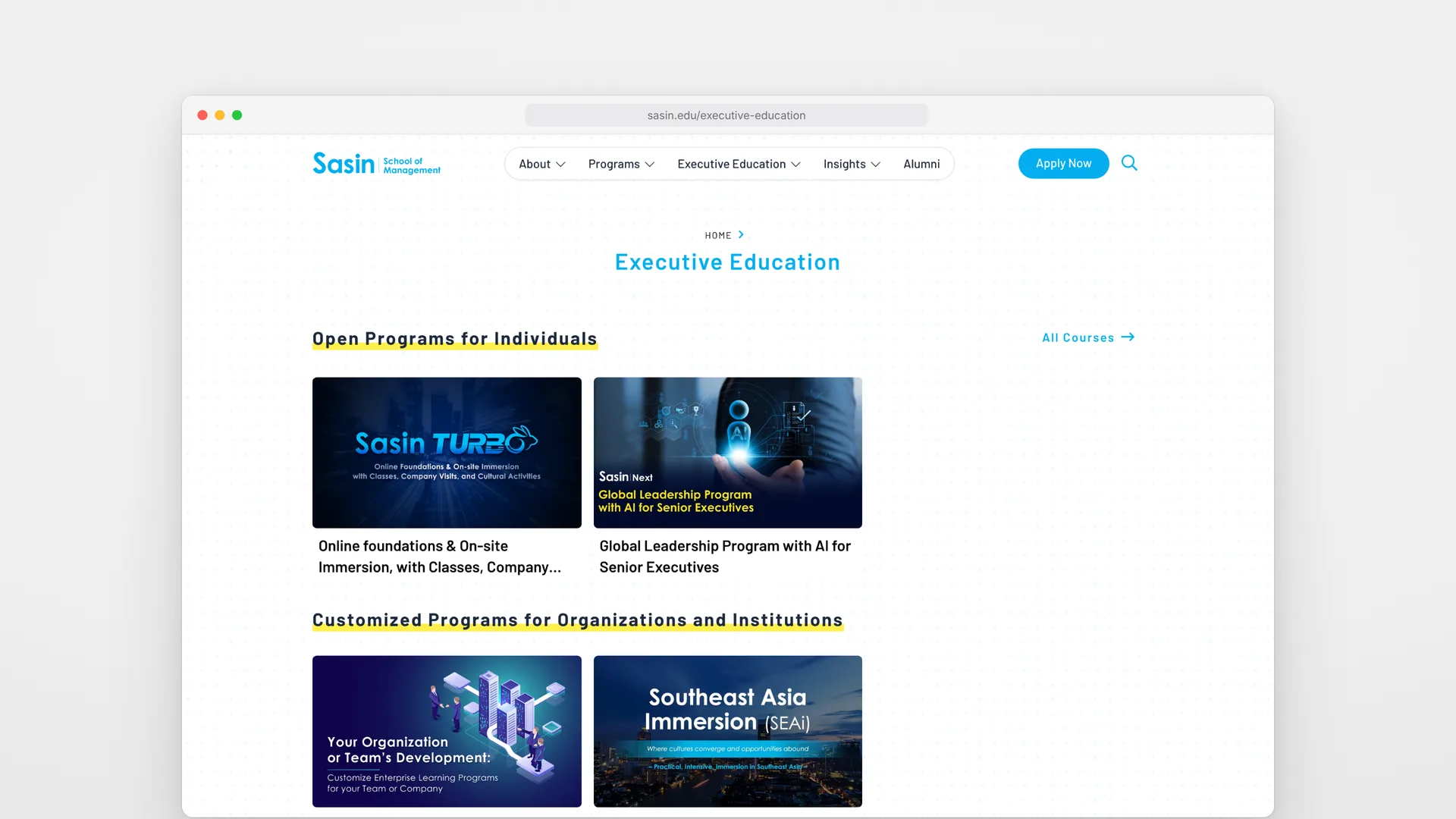 Executive Education on desktop: Sasin Turbo and Sasin Next open programmes above customised programmes for organisations