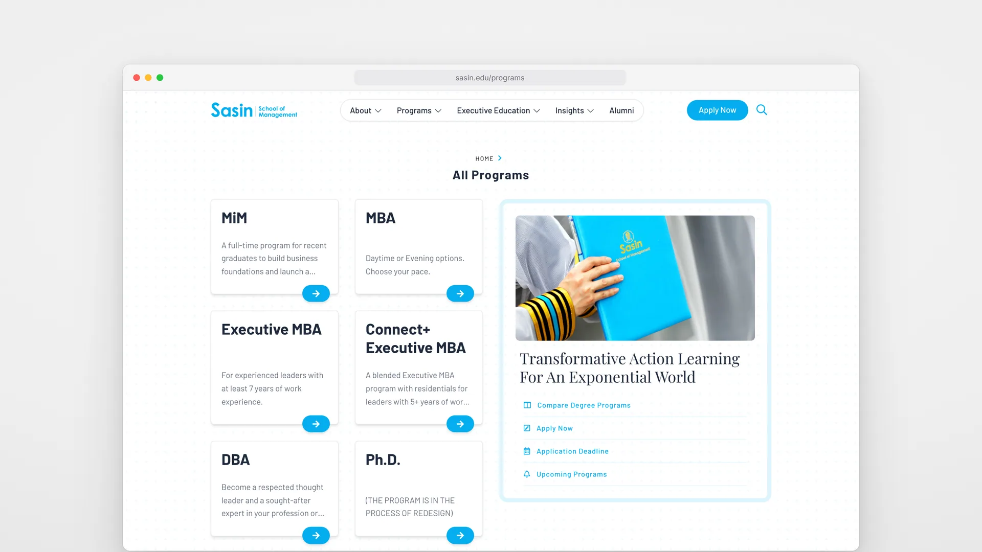 All Programs on desktop: cards from MiM and MBA to DBA and Ph.D., beside Compare Degree Programs and Apply Now