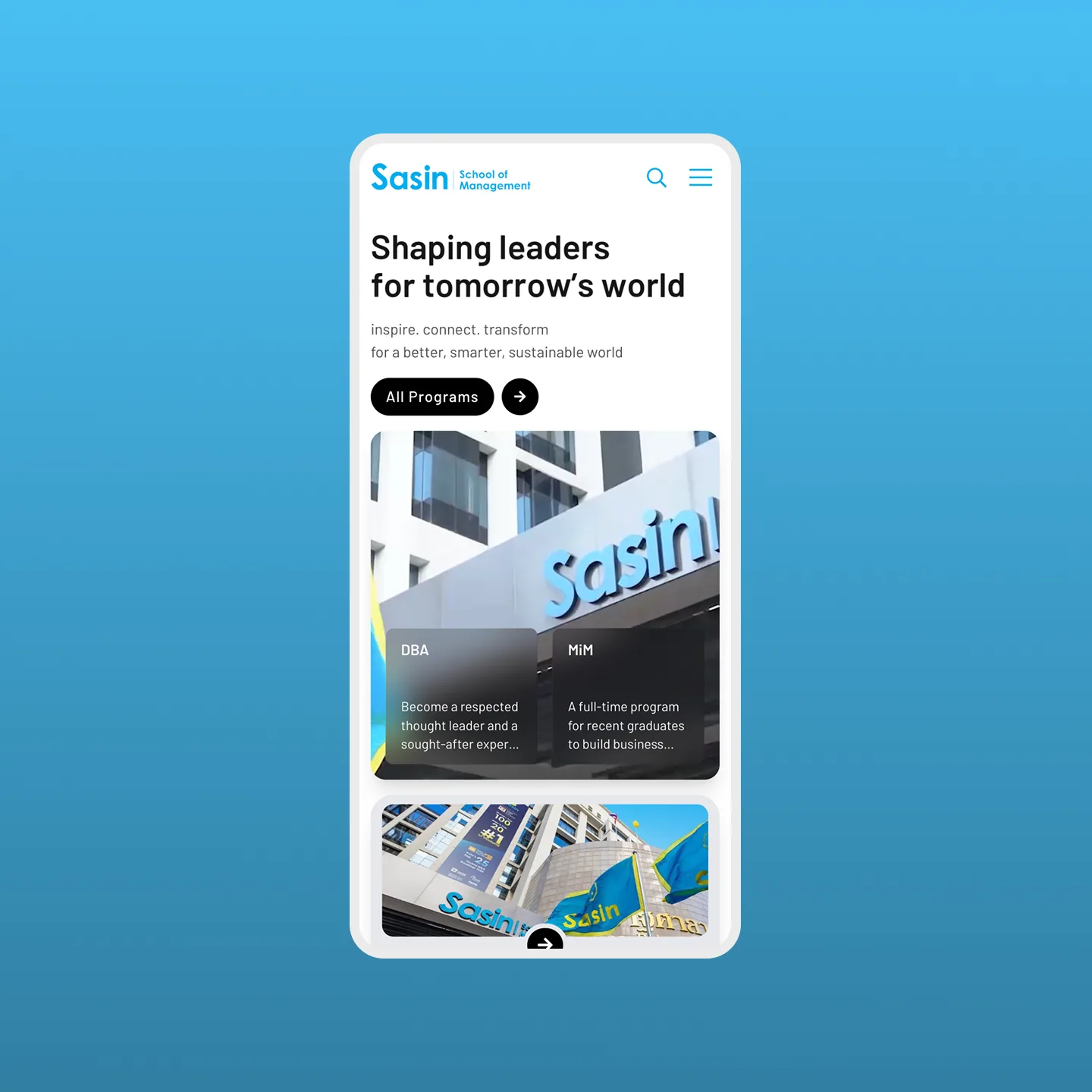 The Sasin home page on a phone against a blue gradient: “Shaping leaders for tomorrow’s world” above the DBA and MiM programme cards