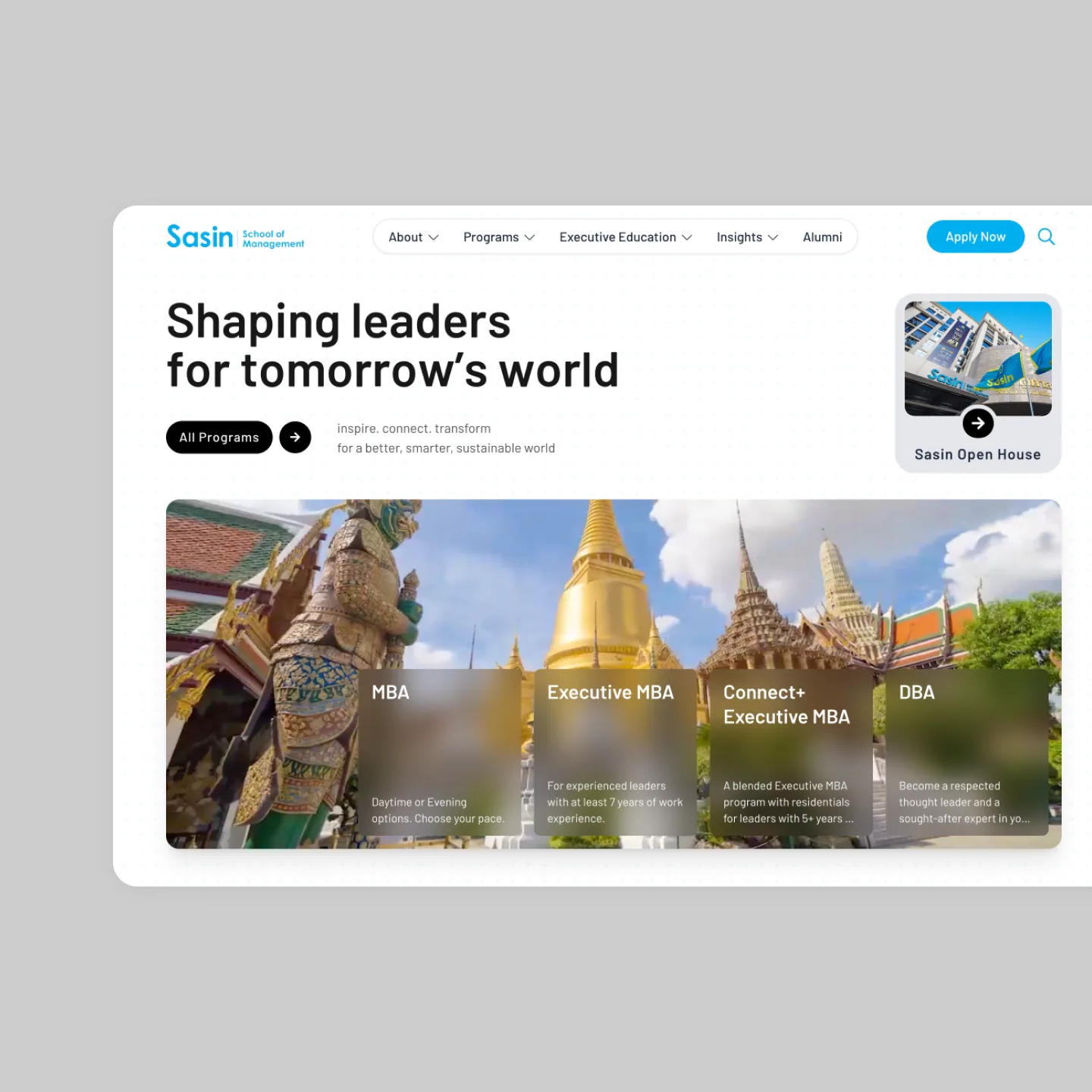 The Sasin home page on desktop, its MBA, Executive MBA, Connect+ Executive MBA and DBA cards over a photo of the Grand Palace, with Sasin Open House beside the headline