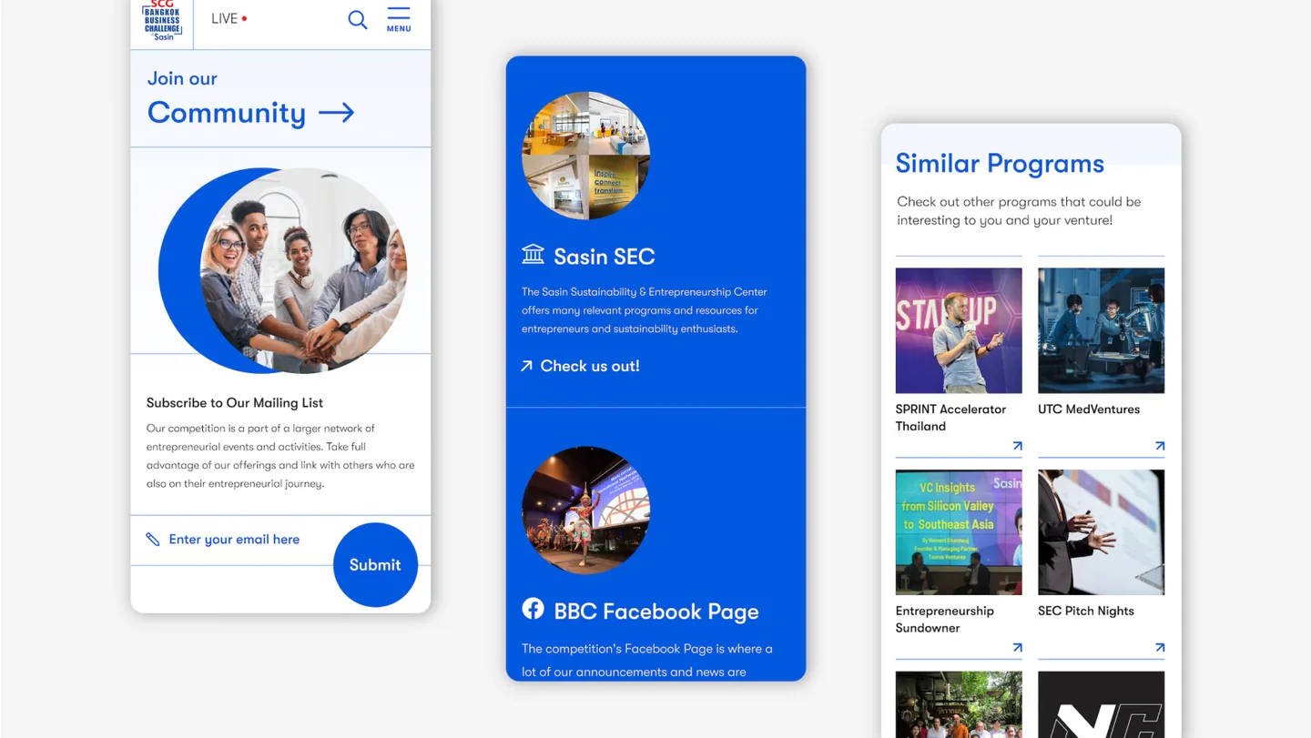 Three SCG BBC @ Sasin phone screens: Join our Community with a mailing-list form, Sasin SEC, and Similar Programs