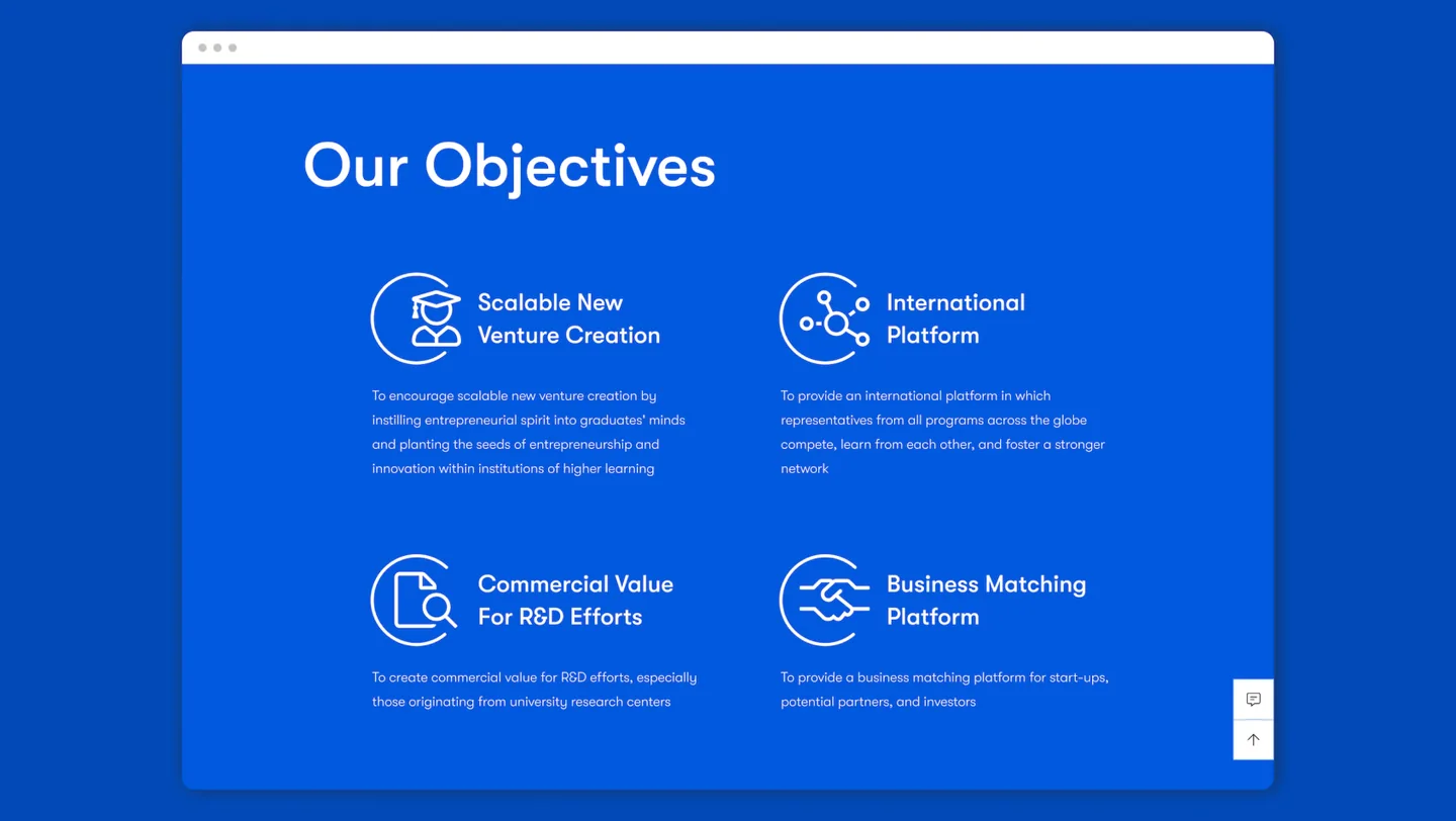 SCG BBC @ Sasin Our Objectives section on desktop: four aims with icons, from venture creation to business matching
