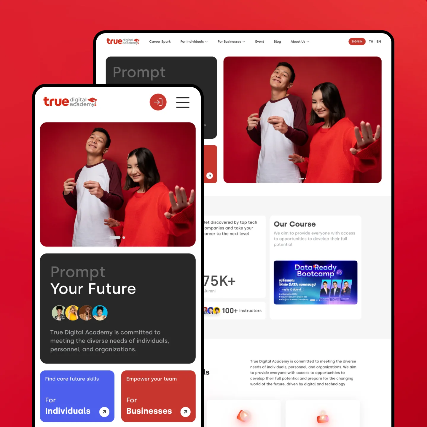 The True Digital Academy home page on desktop and on a phone against the brand red, the phone opening on Prompt Your Future
