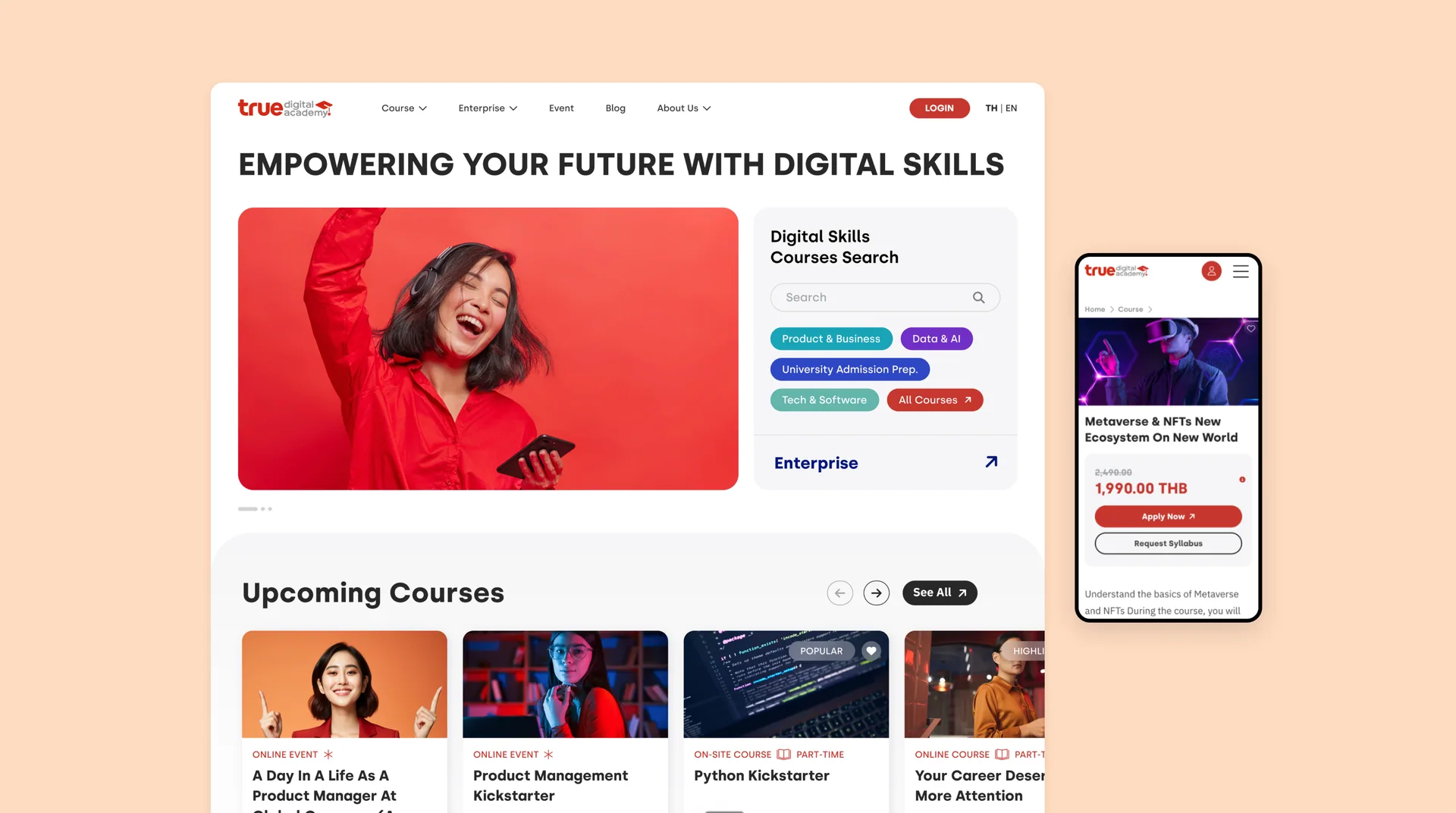 True Digital Academy on desktop and mobile, showing the course catalogue and a course detail page