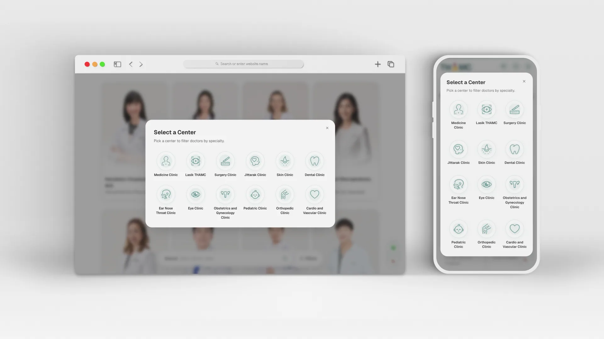 The Select a Center panel on desktop and on a phone: an icon for each clinic, from Medicine and Lasik THAMC to Cardio and Vascular, picked to filter the doctors by specialty
