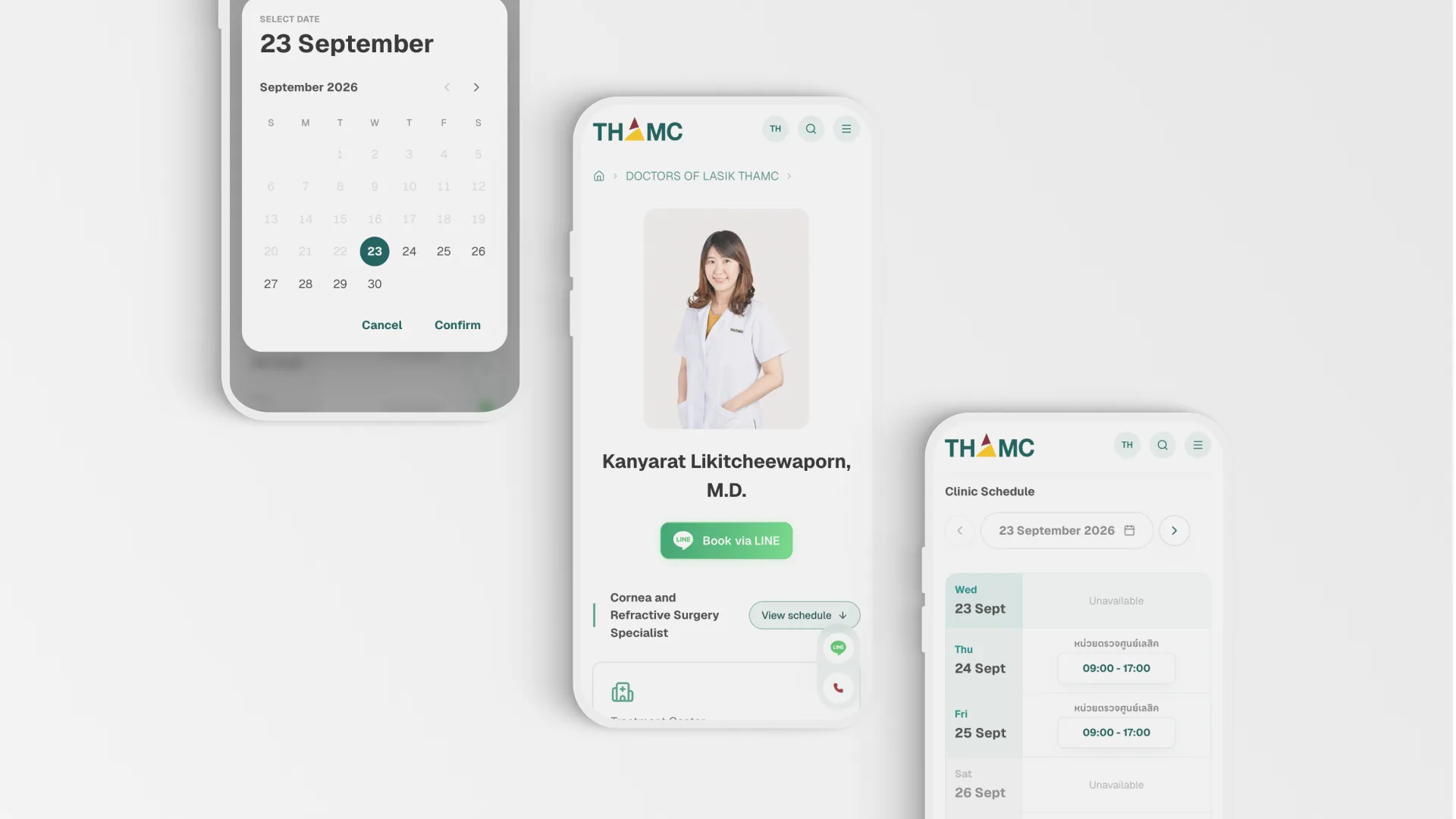 Three phones: a doctor’s page for Kanyarat Likitcheewaporn, M.D., Cornea and Refractive Surgery Specialist, with Book via LINE; a date picker; and the clinic schedule by day