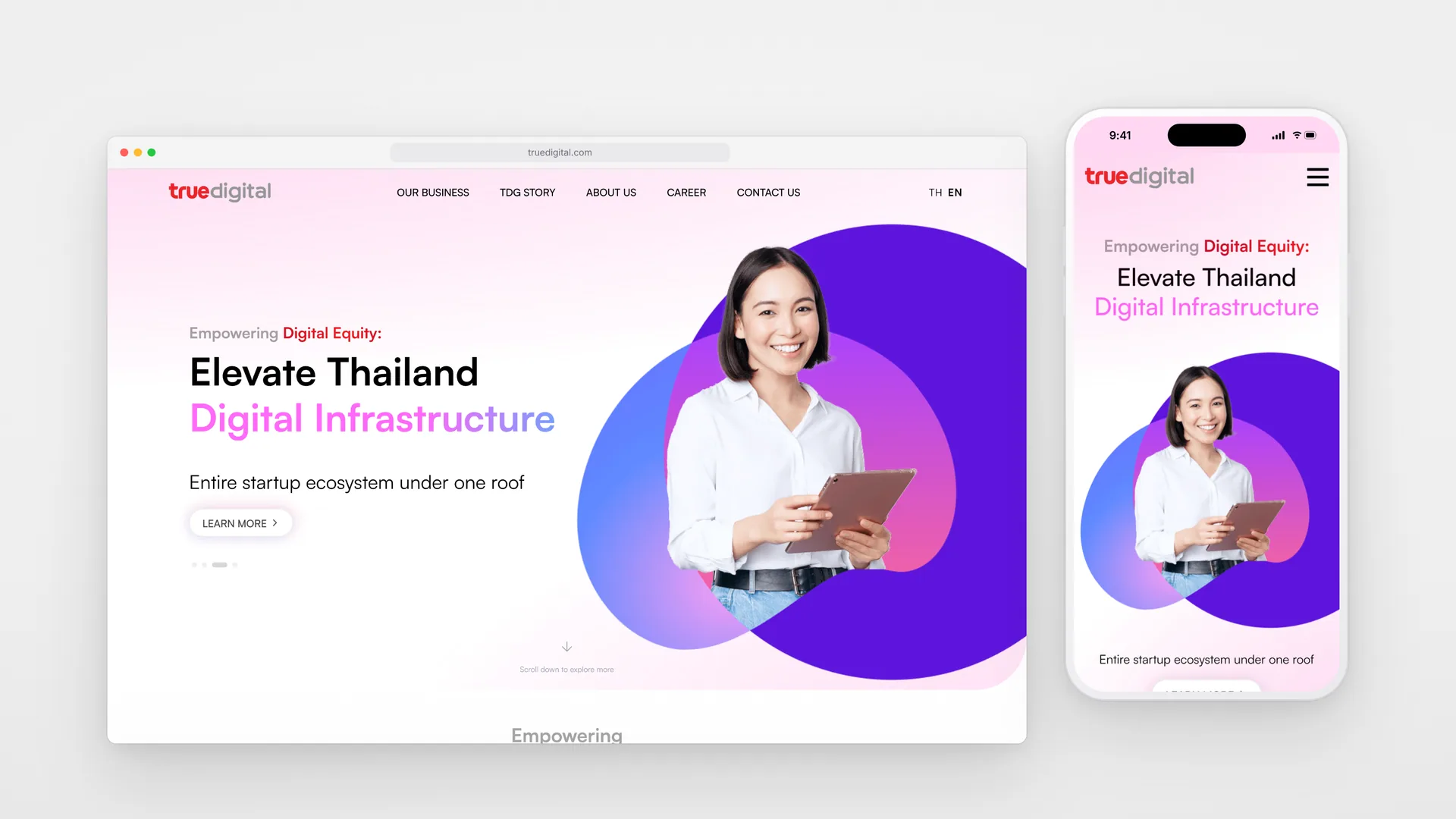 The True Digital Group home page on desktop and on a phone, opening on Elevate Thailand Digital Infrastructure