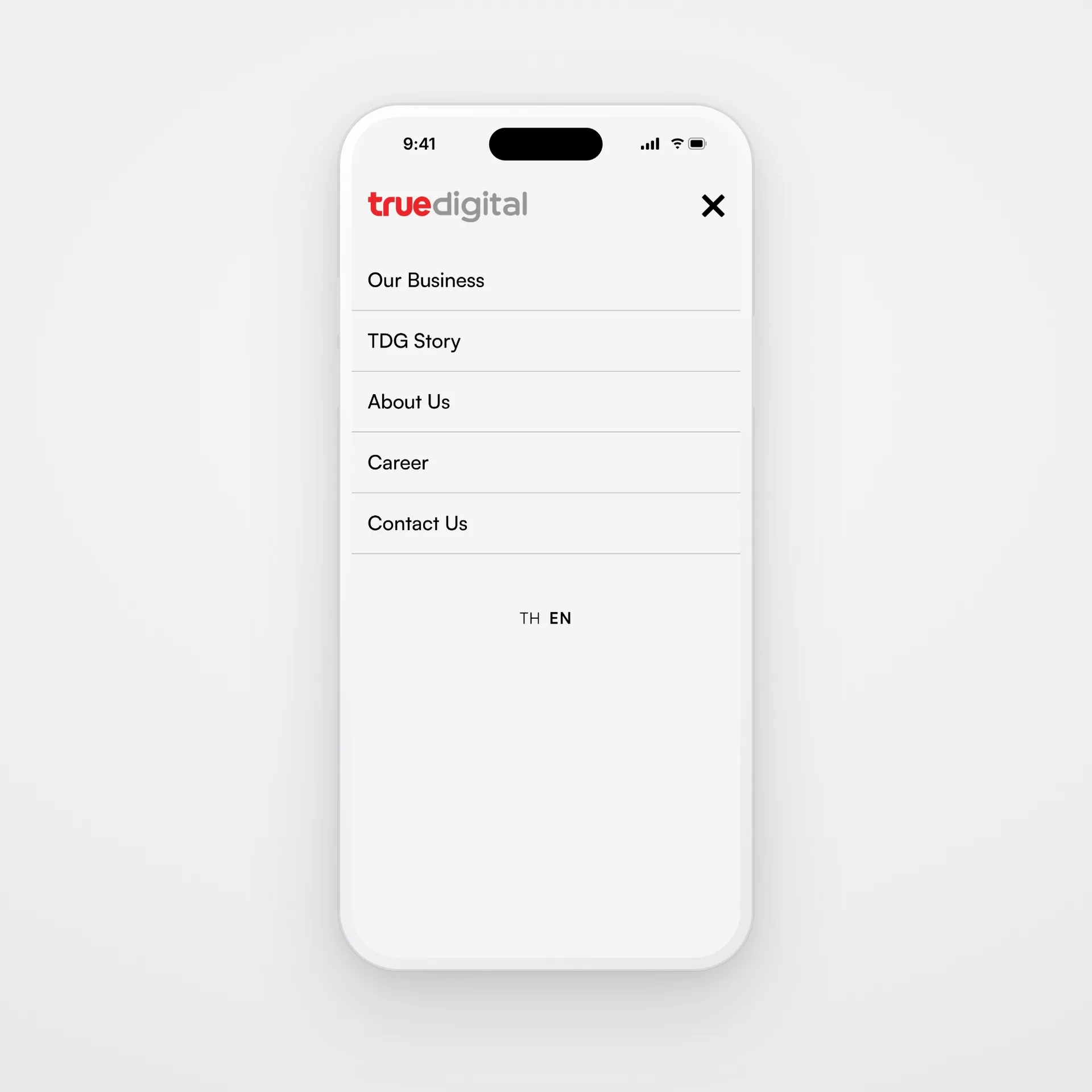 The True Digital Group menu open on a phone: five sections and the Thai and English switch below them