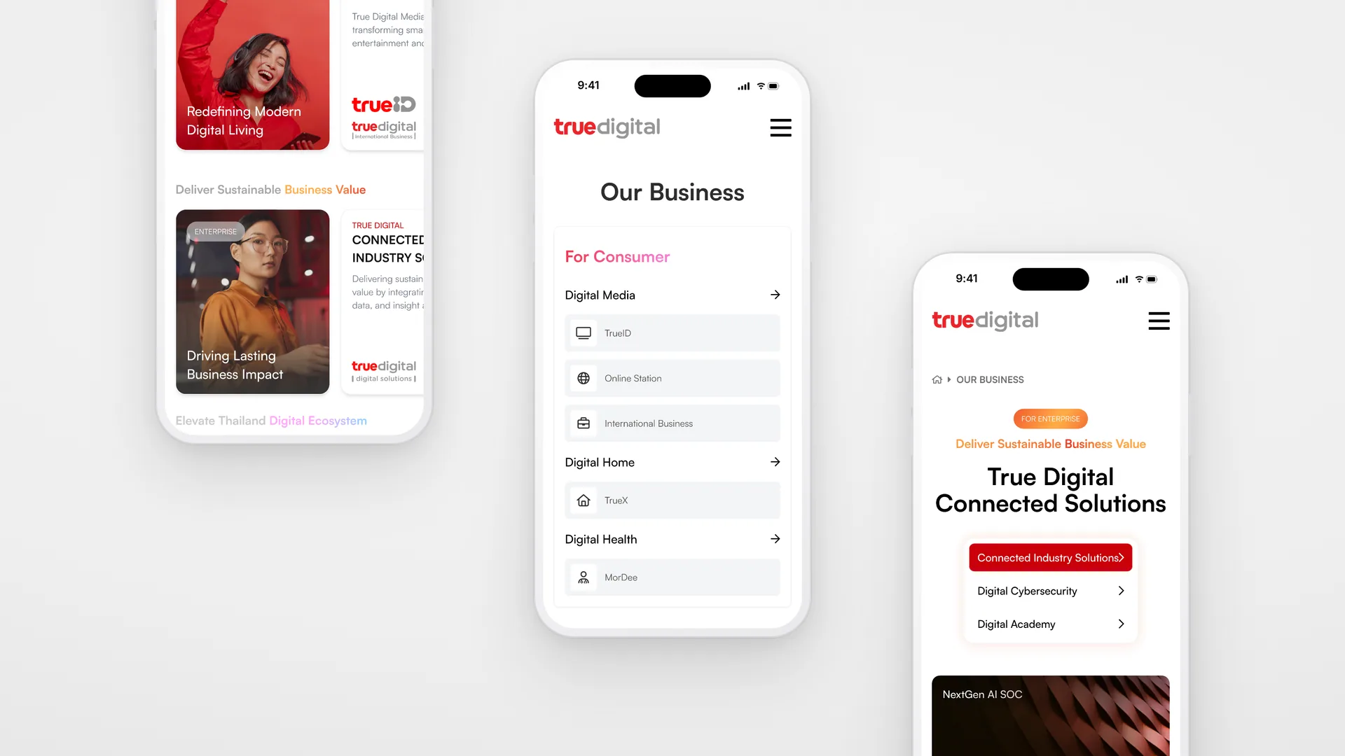 Three phones: home page business cards, the Our Business directory, and the Connected Solutions segment page