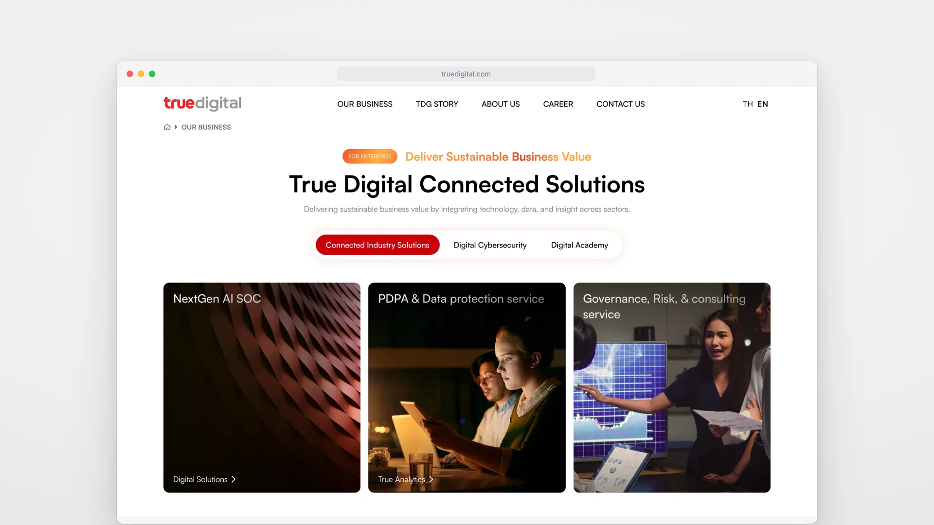 The Connected Solutions page on desktop: segment tabs above three service cards for enterprise clients