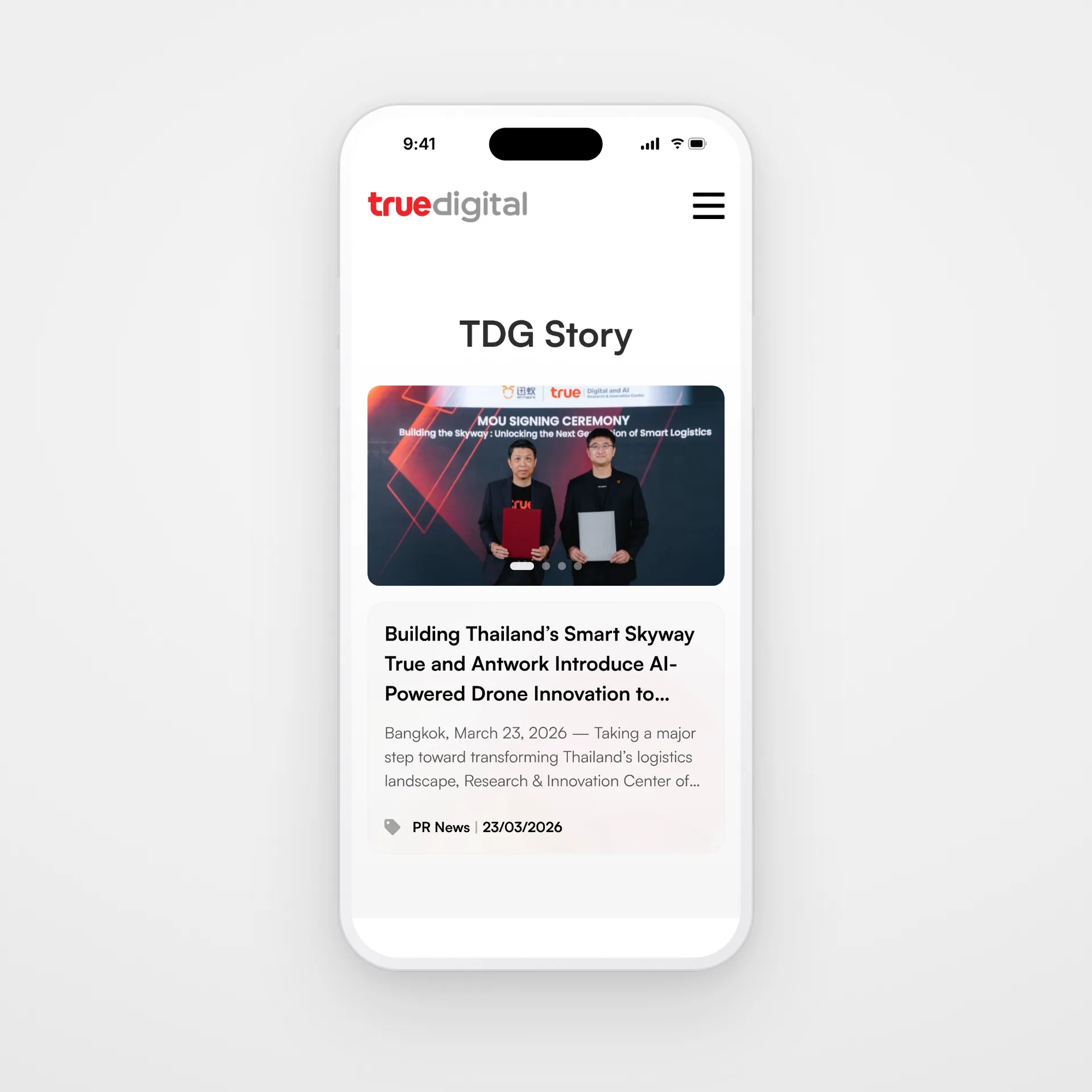 TDG Story on a phone: a highlighted press release with its photo, headline, category and date